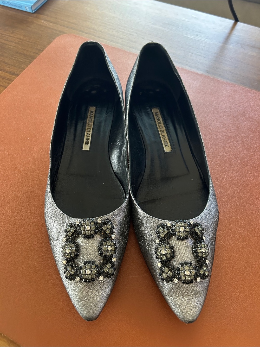 Manolo Blahnik Silver Glitter Hangisi Pointed Toe Flats with Jeweled Brooch